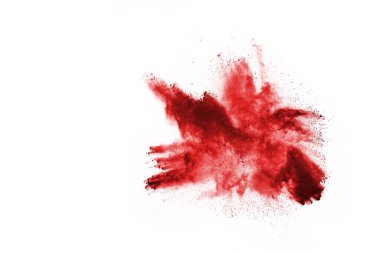 Beyaz arka planda izole edilmiş kırmızı barutun patlaması hareketsiz. Kırmızı toz bulutunun soyut tasarımı. Parçacık patlaması ekran koruyucusu, duvar kağıdı