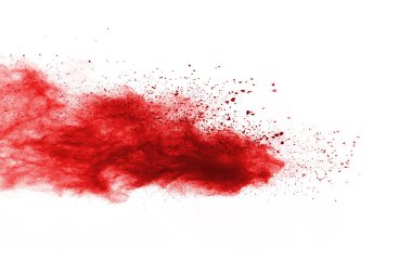 Beyaz arka planda izole edilmiş kırmızı barutun patlaması hareketsiz. Kırmızı toz bulutunun soyut tasarımı. Parçacık patlaması ekran koruyucusu, duvar kağıdı