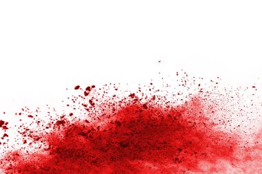 Beyaz arka planda izole edilmiş kırmızı barutun patlaması hareketsiz. Kırmızı toz bulutunun soyut tasarımı. Parçacık patlaması ekran koruyucusu, duvar kağıdı