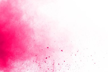 Soyut pembe toz sıçramış arkaplan, patlayan renk tozunun hareketsiz hareketi / renk pudrası, beyaz arkaplanda renk parıltısı dokusu.