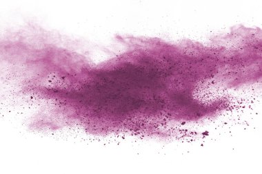 Barut patlaması. Mor toz parçacığının beyaza izole edilmiş görüntüsü. Soyut arkaplan.
