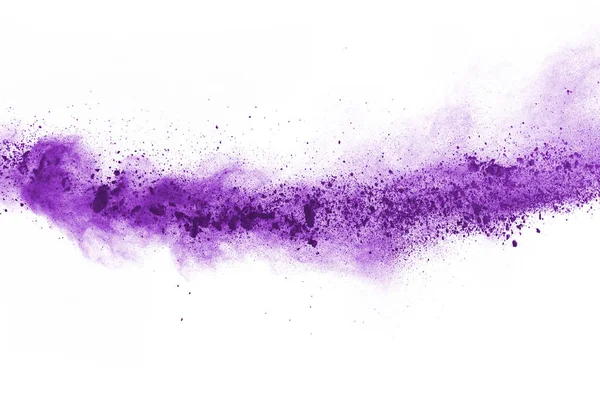 粉末爆炸 隔离在白色表面的紫色尘埃粒子爆炸的闭合物 摘要背景 — 图库照片