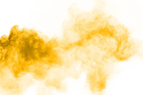 Eksplozja Proszku Zbliżenie Wybuchu Żółtej Cząsteczki Pyłu Odizolowanego Białym Streszczenie — Zdjęcie stockowe