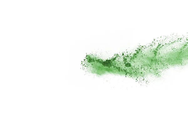 Groen Poeder Explosie Witte Achtergrond Gekleurde Wolk Kleurrijk Stof Explodeert — Stockfoto