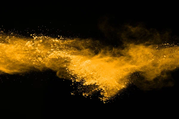 Congelar Movimento Explosão Poeira Amarela Isolada Fundo Preto — Fotografia de Stock