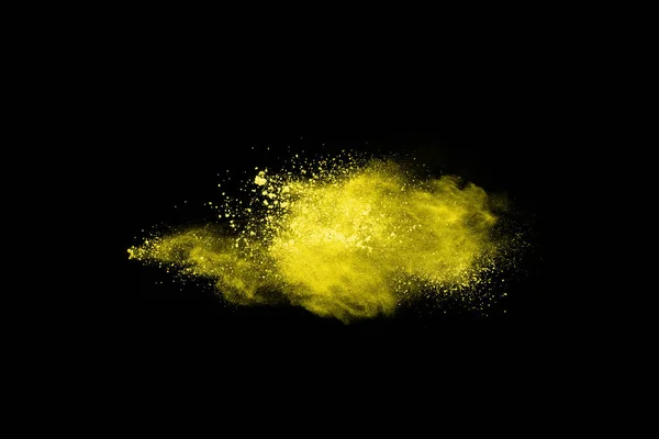 Bevries Beweging Van Gele Stof Explosie Geïsoleerd Zwarte Achtergrond — Stockfoto