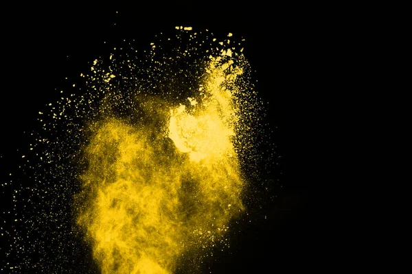 Freeze Motion Yellow Dust Explosion Isolated Black Background — Stock Photo, Image