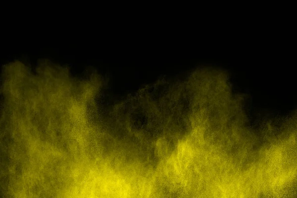 Freeze Motion Yellow Dust Explosion Isolated Black Background — Stock Photo, Image