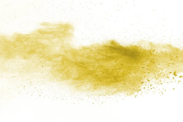 Eksplozja Proszku Zbliżenie Wybuchu Żółtej Cząsteczki Pyłu Odizolowanego Białym Streszczenie — Zdjęcie stockowe