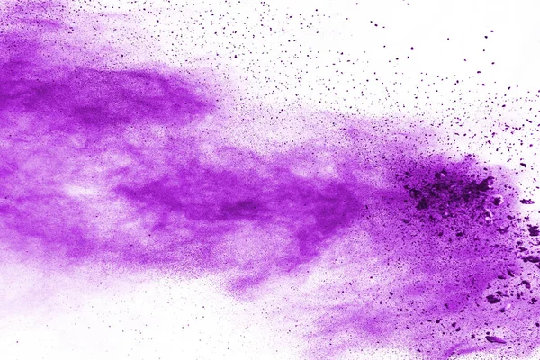 Pulverexplosion Nahaufnahme Einer Explosion Lila Staubpartikel Isoliert Auf Weiß Abstrakter — Stockfoto