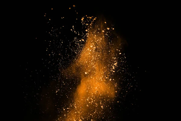 Freeze Motion Yellow Dust Explosion Isolated Black Background — Stock Photo, Image