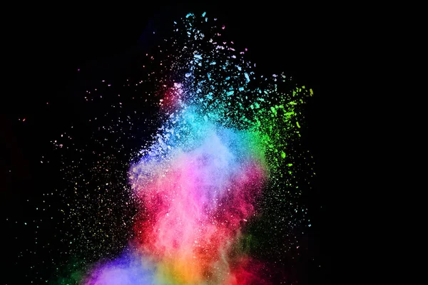 在黑色背景上的抽象彩色尘埃爆炸 抽象粉末溅射背景 冻结彩粉的运动爆炸 抛掷彩粉 多彩的闪光纹理 — 图库照片