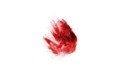 Beyaz arka planda izole edilmiş kırmızı barutun patlaması hareketsiz. Kırmızı toz bulutunun soyut tasarımı. Parçacık patlaması ekran koruyucusu, duvar kağıdı