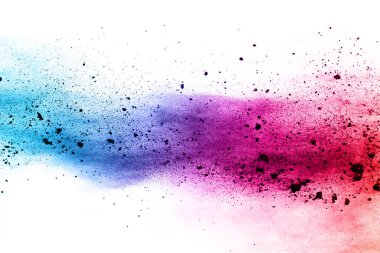 Soyut barut sıçramış arka plan. Beyaz arka planda renkli barut patlaması. Renkli bulut. Renkli toz patlar. Boya Holi.