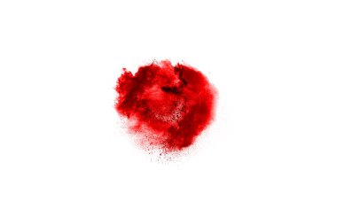 Beyaz arka planda izole edilmiş kırmızı barutun patlaması hareketsiz. Kırmızı toz bulutunun soyut tasarımı. Parçacık patlaması ekran koruyucusu, duvar kağıdı