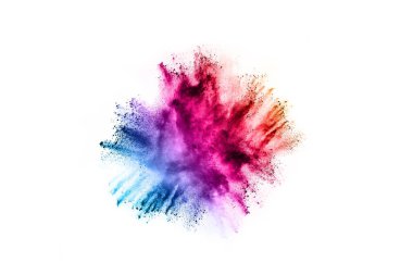 Soyut barut sıçramış arka plan. Beyaz arka planda renkli barut patlaması. Renkli bulut. Renkli toz patlar. Boya Holi.