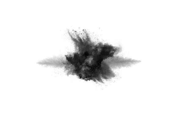 白地に炭の粒子 白地にメッキされた抽象的な粉末 黒色火薬の爆発や投げブラックパウダーの凍結運動 — ストック写真