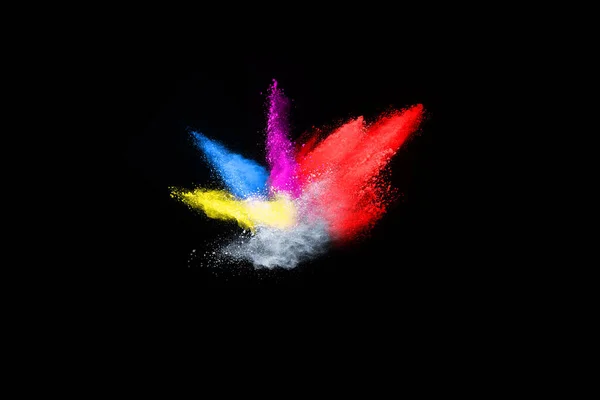 Abstract Gekleurde Stof Explosie Een Zwarte Achtergrond Abstract Poeder Splatted — Stockfoto