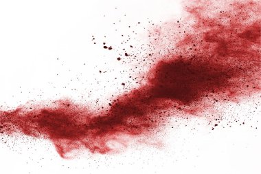 Beyaz arka planda izole edilmiş kırmızı barutun patlaması hareketsiz. Kırmızı toz bulutunun soyut tasarımı. Parçacık patlaması ekran koruyucusu, duvar kağıdı