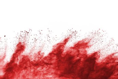 Beyaz arka planda izole edilmiş kırmızı barutun patlaması hareketsiz. Kırmızı toz bulutunun soyut tasarımı. Parçacık patlaması ekran koruyucusu, duvar kağıdı