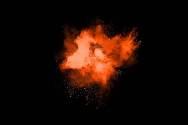 Narancspor Felrobbanása Fekete Háttérrel Elszigetelve Vörös Porfelhő Elvont Kialakítása — Stock Fotó