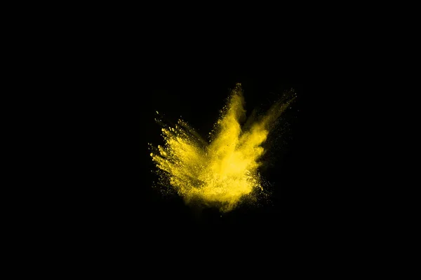 Freeze Motion Yellow Dust Explosion Isolated Black Background — Stock Photo, Image