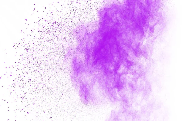 Výbuch Prachu Detailní Záběr Výbuchu Fialové Prachové Částice Izolované Bílém — Stock fotografie