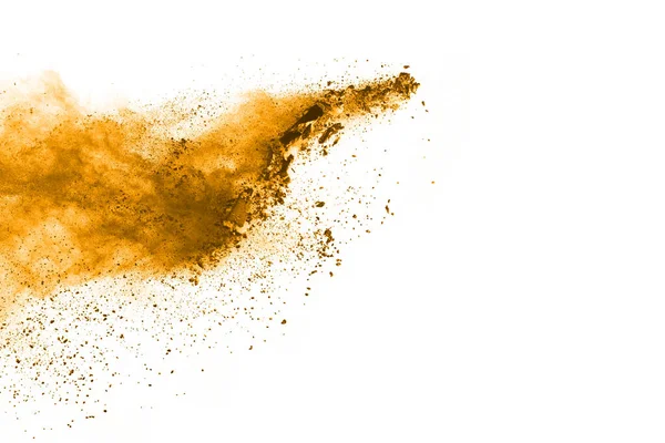 Взрыв Порошка Крупный План Взрыва Жёлтой Пыли Изолированного Белом Абстрактный — стоковое фото