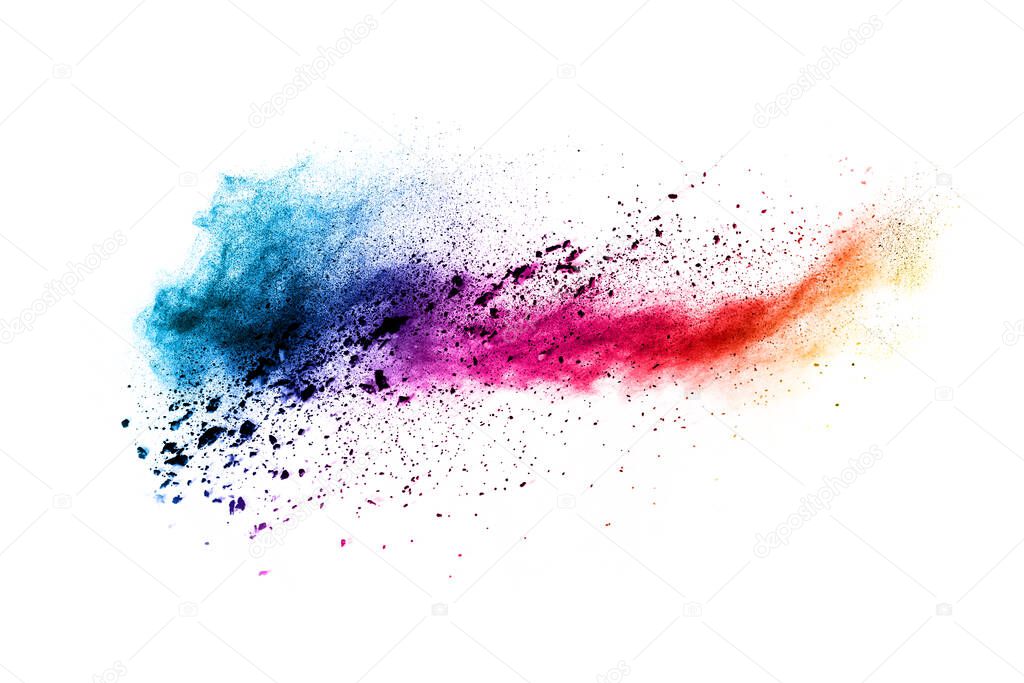 abstract powder splatted background. Colorful powder explosion on white background. Colored cloud. Colorful dust explode. Paint Holi.