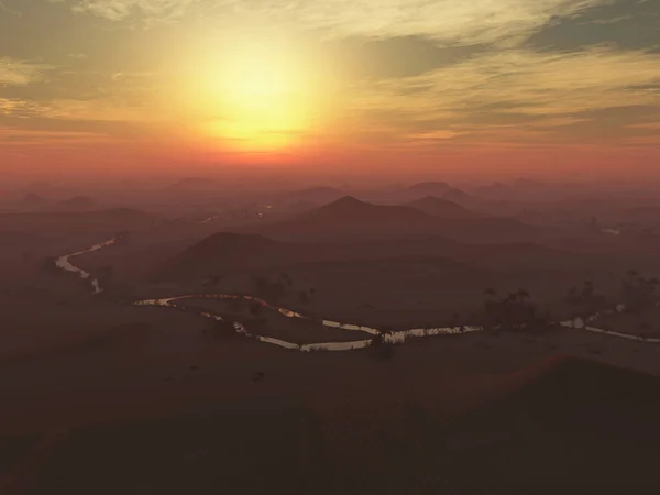 Illustration Der Wüste Mit Fluss Und Palmen Bei Nebligem Sonnenuntergang — Stockfoto