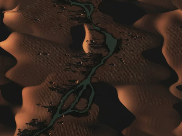 Illusztráció Folyó Pálmafákkal Sivatagban Naplementekor — Stock Fotó