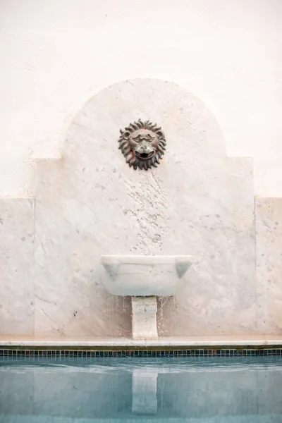 Antique Fountain Iron Lion Head Swimming Pool — Stock Photo, Image