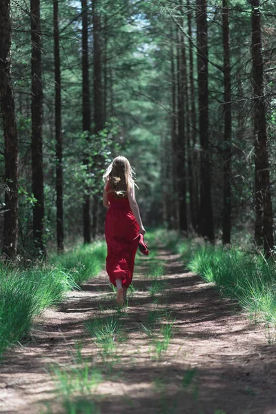 Femme Blonde Robe Rouge Fuyant Caméra Sur Chemin Forêt — Photo