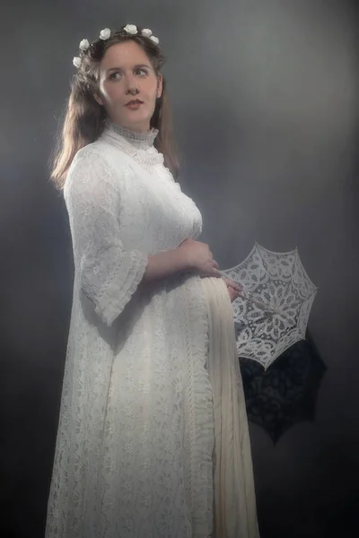 Historical Pregnant Brunette Woman White Dress Holding Umbrella — Stock Photo, Image