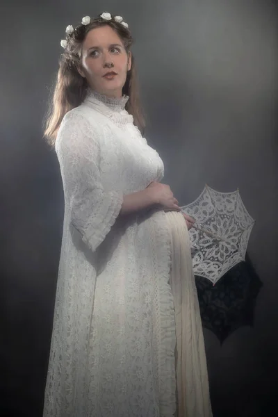 Historical Pregnant Brunette Woman White Dress Holding Umbrella — Stock Photo, Image