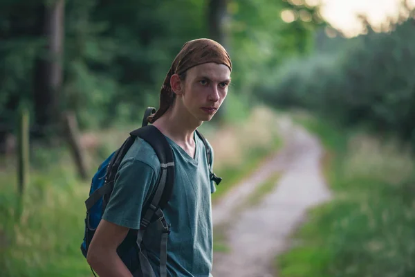 Young Man Bandana Forest Path — Stock Photo, Image