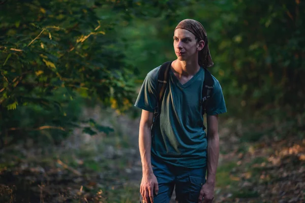 Young Man Bandana Hiking Forest Path — Stock Photo, Image