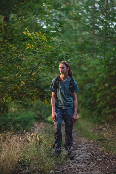 Young Man Bandana Hiking Forest Path — Stock Photo, Image