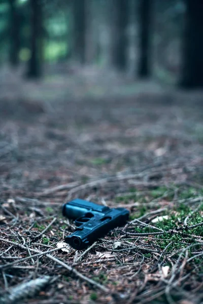Pistolet Noir Perdu Dans Forêt Pins — Photo