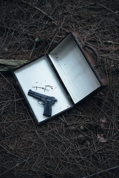 Black Pistol Briefcase Pine Forest — Stock Photo, Image