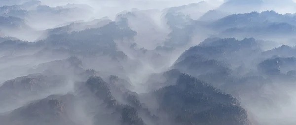 Vue Aérienne Paysage Montagneux Avec Sapins Dans Brume — Photo