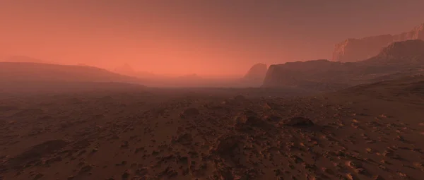 Bare Rough Rocky Mars Terrain Fog — Stock Photo, Image