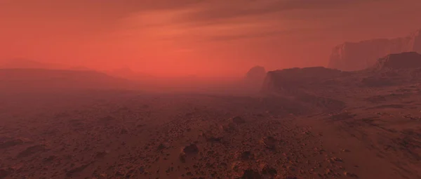 霧の中で裸の大まかな岩の火星の地形 — ストック写真