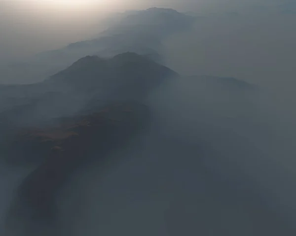 Paisaje de montaña en niebla matinal . — Foto de Stock