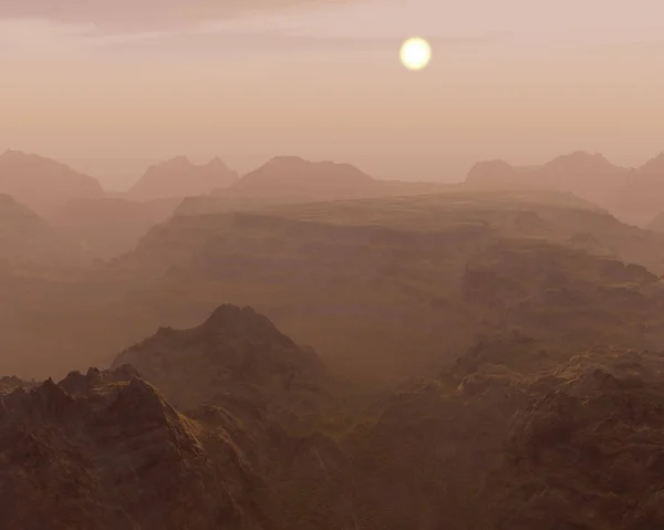 Misty Ανατολή Ηλίου Πάνω Από Τον Τραχύ Ορεινό Τοπίο — Φωτογραφία Αρχείου