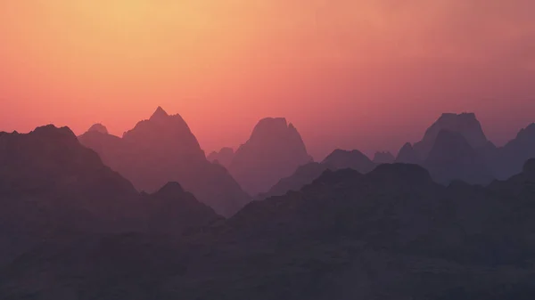 Peaky mountain landscape at cloudy sunset.