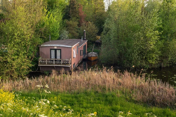 Casa flotante escondida entre arbustos en primavera . — Foto de Stock
