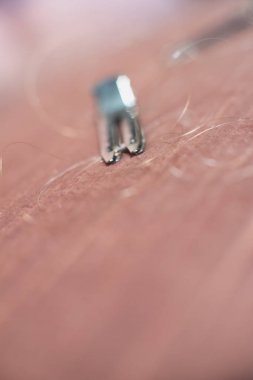 Pembe kanepe üzerinde yatan gevşek saç ile Saç Klipleri.