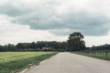 Bahar kırsalında bulutlu gökyüzü altında Yol.