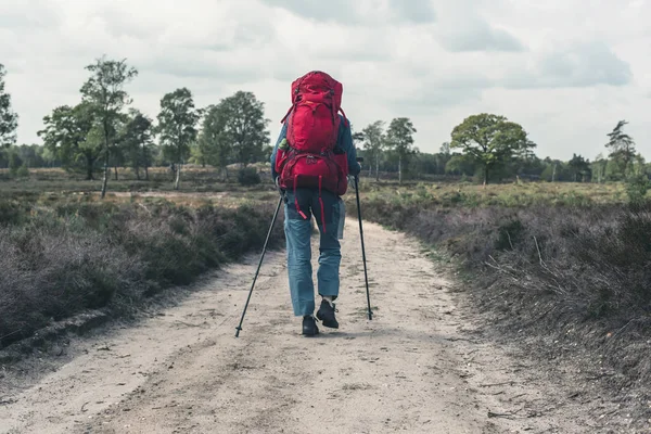 Backpacker bulutlu gökyüzü altında toprak yolda yokuş aşağı gidiyor. — Stok fotoğraf